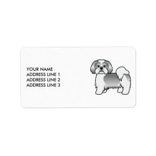 Silver Och Vit Lhasa Apso Tecknad Hund & Text Adressetikett