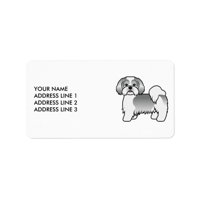 Silver Och Vit Lhasa Apso Tecknad Hund & Text Adressetikett (Framsidan)