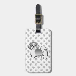 Silver Och Vit Lhasa Apso Tecknad Hund & Text Bagagebricka