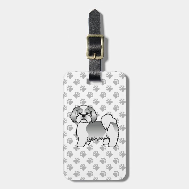 Silver Och Vit Lhasa Apso Tecknad Hund & Text Bagagebricka (Vertikal Framsida)