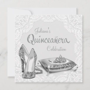 Silver och Vit Prinsessa Quinceanera Inbjudningar
