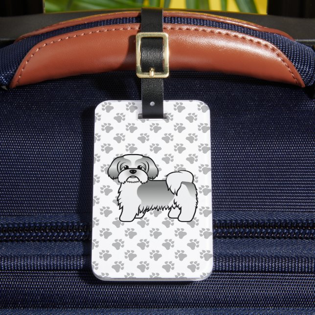 Silver Och Vit Shih Tzu Hund & Anpassad Text Bagagebricka (Framsida Insitu 2)