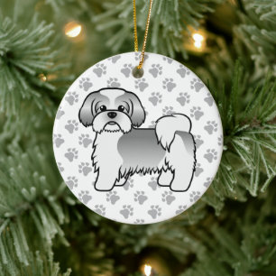 Silver Och Vit Shih Tzu Söt Tecknad Hund Julgransprydnad Keramik