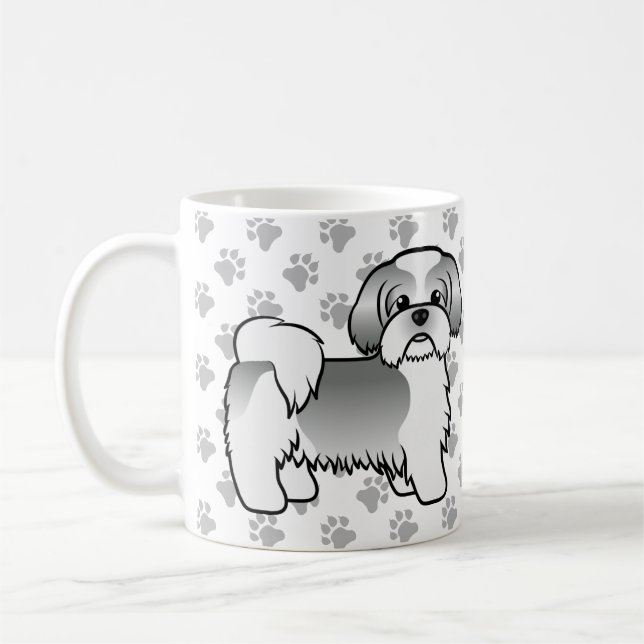 Silver Och Vit Shih Tzu Söt Tecknad Hund Kaffemugg (Vänster)