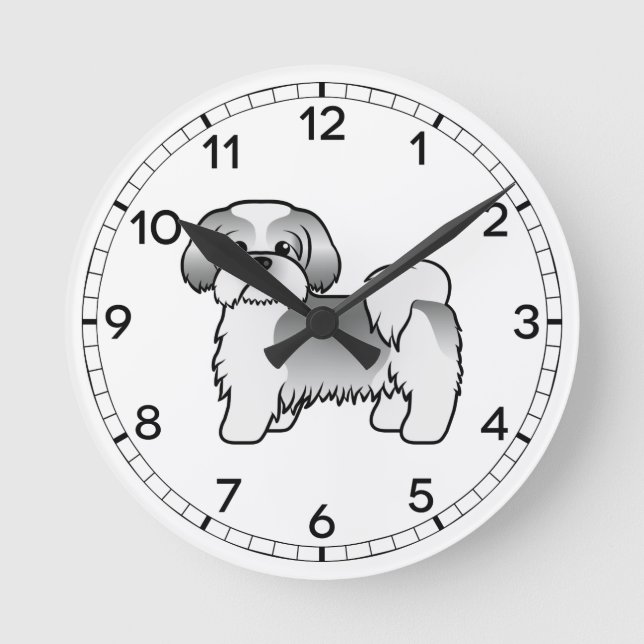 Silver Och Vit Shih Tzu Söt Tecknad Hund Rund Klocka (Framsida)