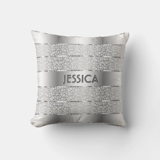 Silver och Vita Blommönstret Rand Kudde (Framsida)