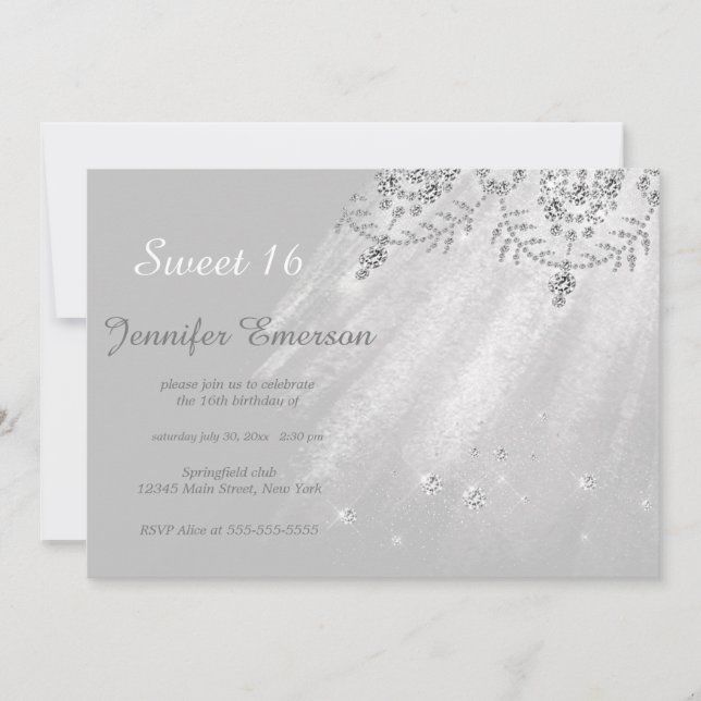 Silver och White Dress Glitter Sweet sixteen Invit Inbjudningar (Framsida)