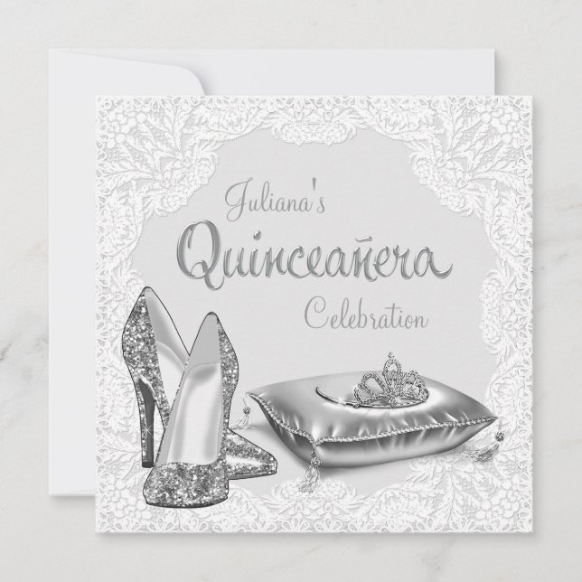 Silver och White Princess Quinceanera Inbjudningar (Framsida)