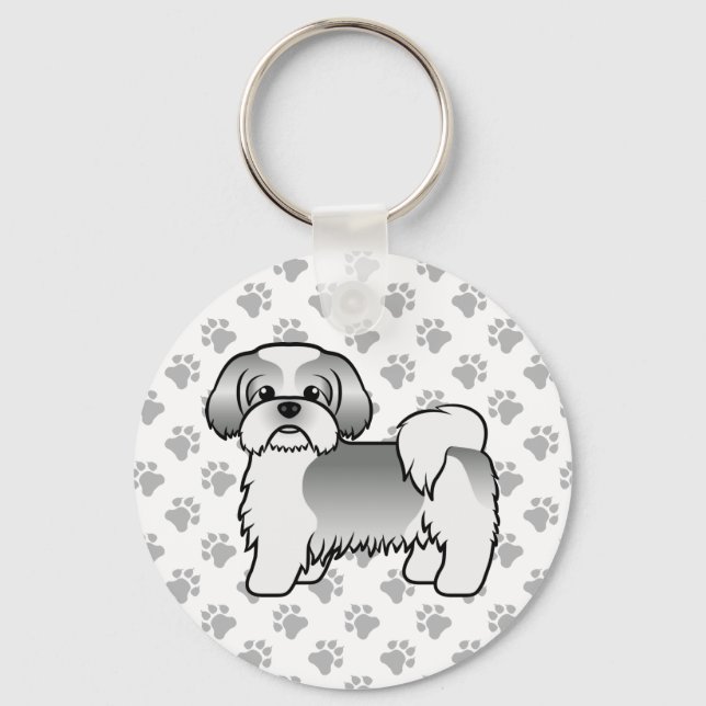 Silver och WhiteShih Tzu Cute Tecknad hund Nyckelring (Framsida)