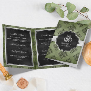 Silver Oliv Grön Svart Damask Muslimsk Bröllop Inbjudan