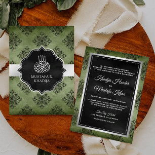 Silver Oliv Grön Svart Damask Muslimsk Bröllop Inbjudningar