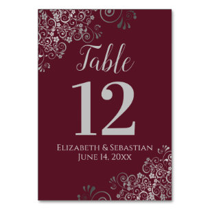 Silver om Burgundy Elegant Frilly Bröllop Bordsnummer
