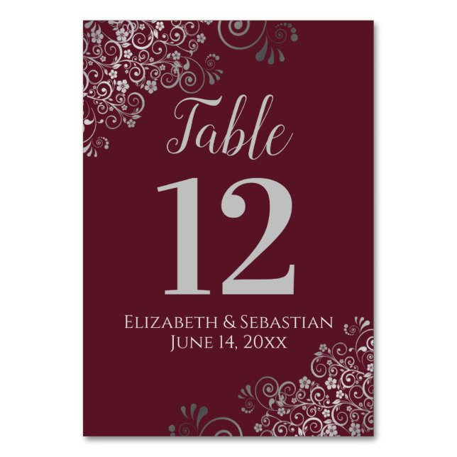 Silver om Burgundy Elegant Frilly Bröllop Bordsnummer (Framsidan)