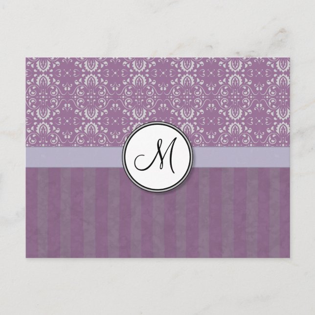 Silver om Lavender Damask med Rand och Monogram Vykort (Framsida)