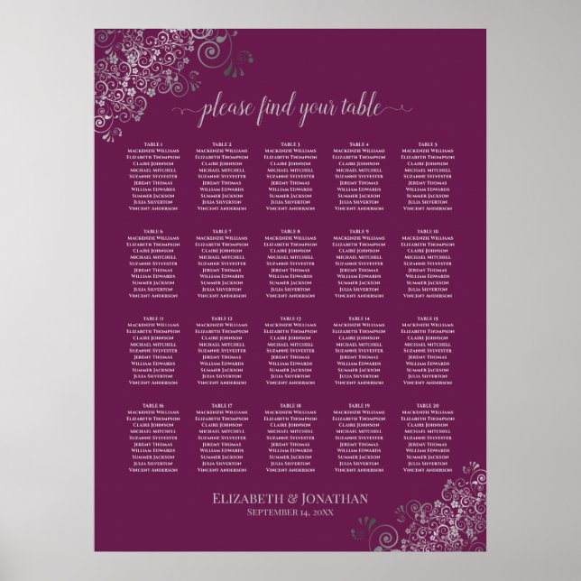 Silver om sittplatsplan för Cassis 20 Bord Bröllop Poster (Framsidan)