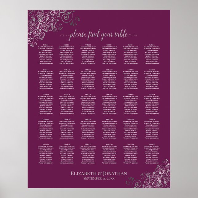 Silver om sittplatsplan för Cassis 30 Bord Bröllop Poster (Framsidan)
