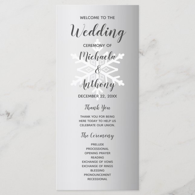 Silver Ombre Snowflake Winter Wedding Program (Framsida)