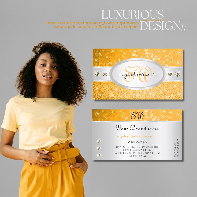 Silver Orange Glitter Gnistra  Diamonds Initialer Visitkort (Skapare uppladdad)