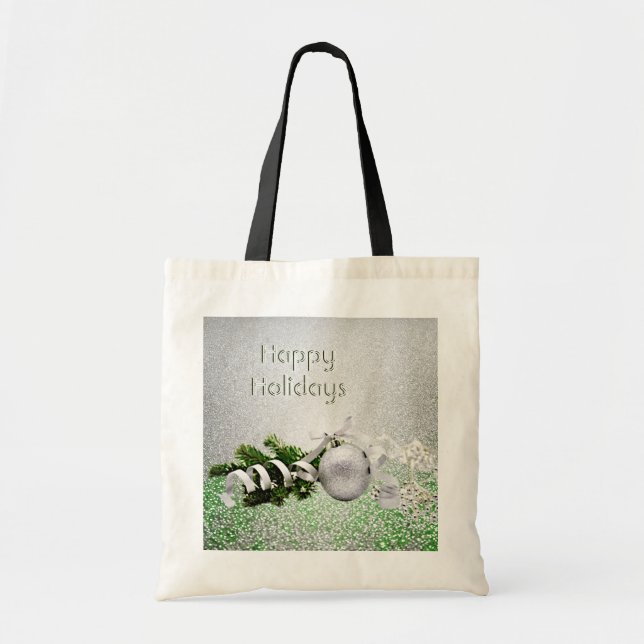 Silver Ornament White Ribbon jul Tote Bag Tygkasse (Framsidan)