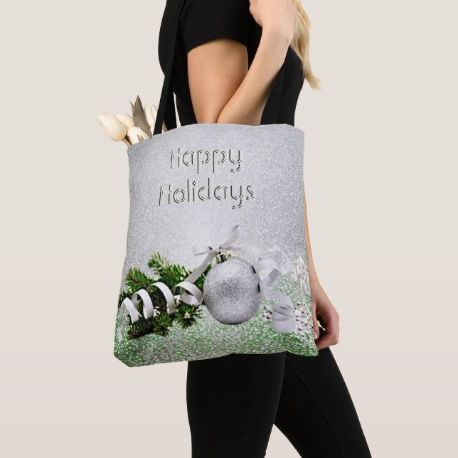 Silver Ornament White Ribbon jul Tote Bag Tygkasse (Närbild)