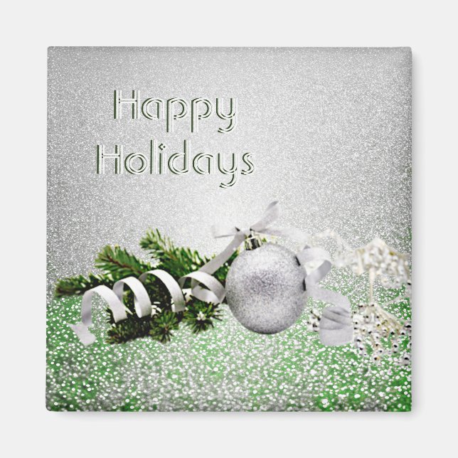 Silver Ornament White Ribbon-julmagnet Magnet (Framsidan)