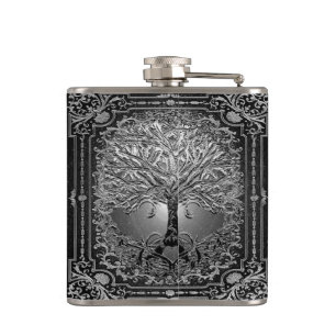Silver Ornate Livets träd Ancient Rustic Flask Fickplunta