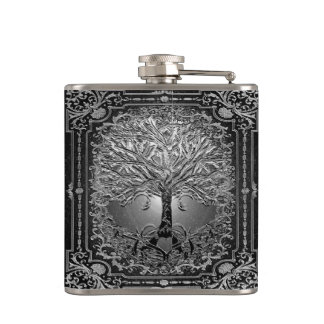 Silver Ornate Livets träd Ancient Rustic Flask Fickplunta