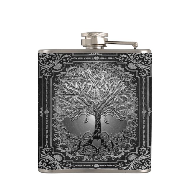Silver Ornate Livets träd Ancient Rustic Flask Fickplunta (Baksidan)