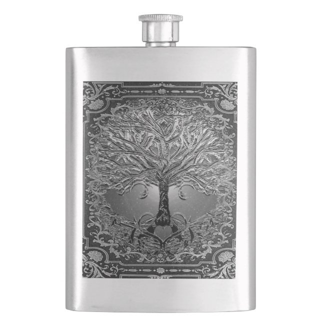 Silver Ornate Livets träd Ancient Rustic Flask Fickplunta (Framsidan)