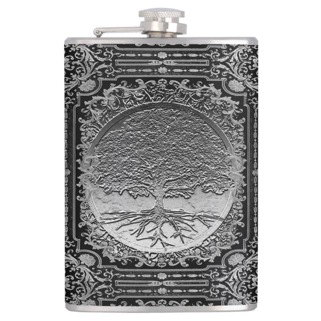 Silver Ornate Livets träd Ancient Rustic Flask Fickplunta (Framsidan)