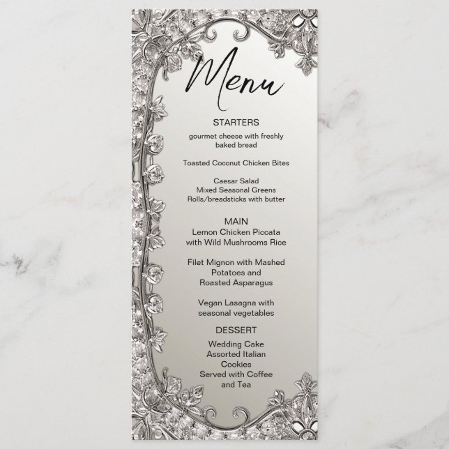 Silver Ornate Modern Bröllop Menu Meny (Framsida)