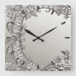 Silver Ornate Modern Wall Clock Fyrkantig Klocka
