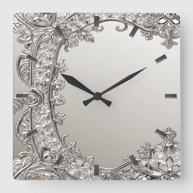 Silver Ornate Modern Wall Clock Fyrkantig Klocka (Framsida)