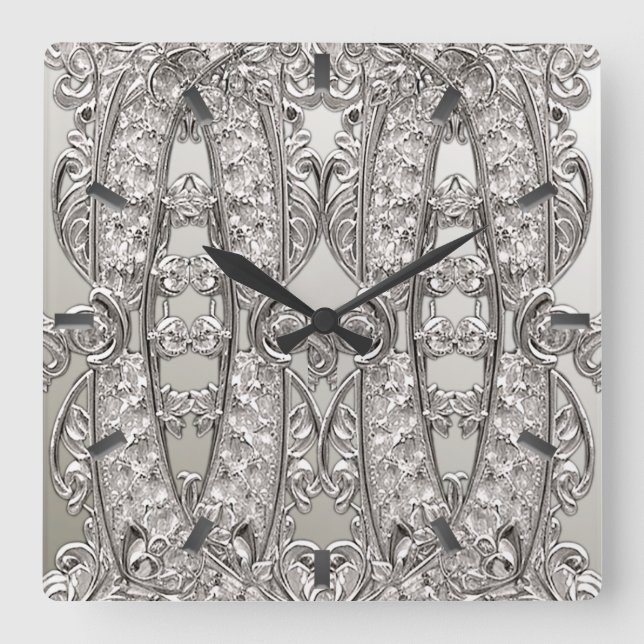 Silver Ornate Modern Wall Clock Fyrkantig Klocka (Framsida)
