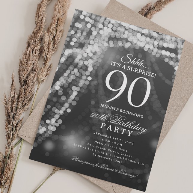 Silver | Överraskning 90-årsfest  Inbjudningar (Silver | Surprise 90th Birthday Party Invitation)