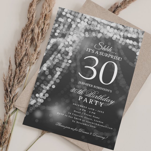 Silver | Överraskningsfest 30-årsdag  Inbjudningar (Silver | Surprise 30th Birthday Party Invitation)