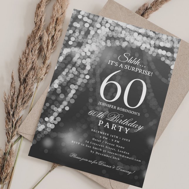 Silver | Överraskningsfest 60-årsdag  Inbjudningar (Silver | Surprise 60th Birthday Party Invitation)