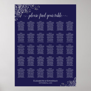 Silver på marinblå 30 bord vigselgästlistplan poster