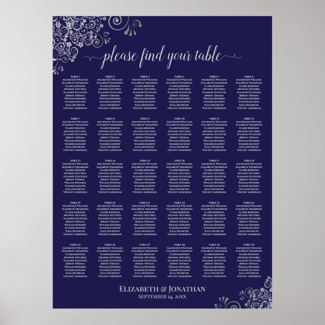 Silver på marinblå 30 bord vigselgästlistplan poster (Framsidan)