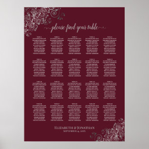 Silver på sätesschemat för Burgundy 20 Bord Bröllo Poster