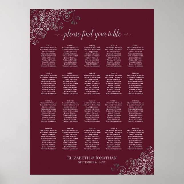Silver på sätesschemat för Burgundy 20 Bord Bröllo Poster (Framsidan)