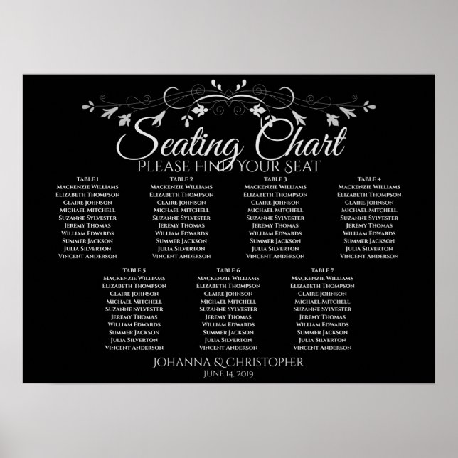 Silver på svart Chic 7 Bord Bröllopsplatskarta Poster (Framsidan)