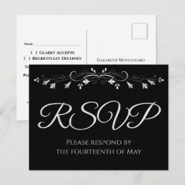 Silver på svart elegant bröllops-RSVP-postkort Vykort