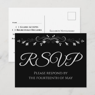 Silver på svart elegant bröllops-RSVP-postkort Vykort