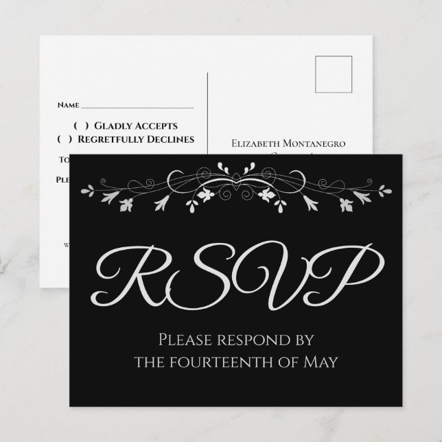 Silver på svart elegant bröllops-RSVP-postkort Vykort (Fram/baksida)