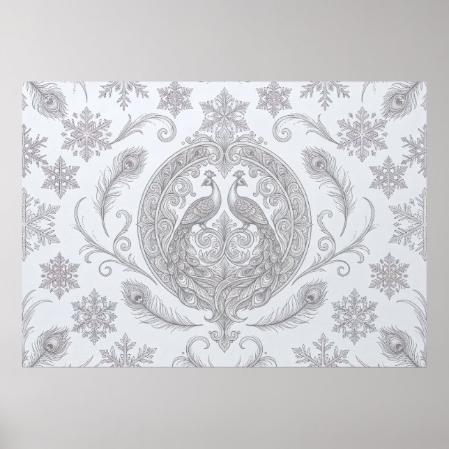 Silver Påfågel Snöflinga Ornament Affisch (Framsidan)