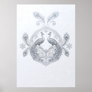 Silver Påfågelpar Förgylld Mandalaaffisch Poster