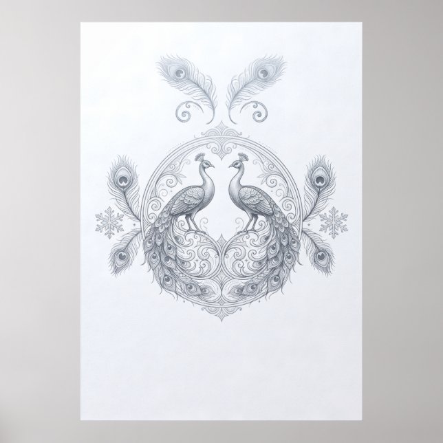 Silver Påfågelpar Förgylld Mandalaaffisch Poster (Framsidan)