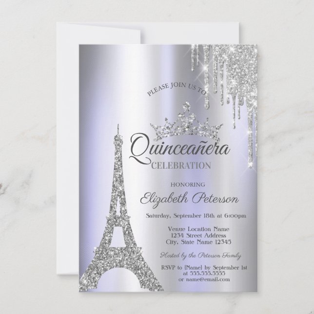 Silver Paris Eiffel Torn,Drip Violet Quinceañera Inbjudningar (Framsida)