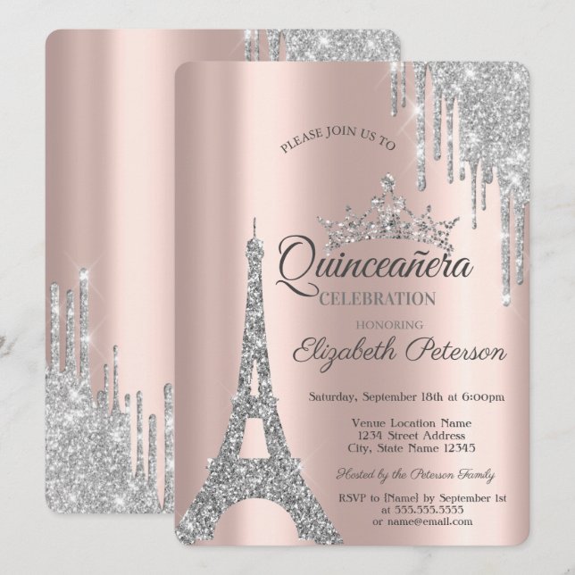 Silver Paris Eiffeltorn, Dråpar Quinceañera  Inbjudningar (Fram/baksida)
